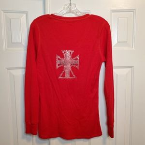 Women's Long Sleeve Top with Rhinestone Cross on Back - Red